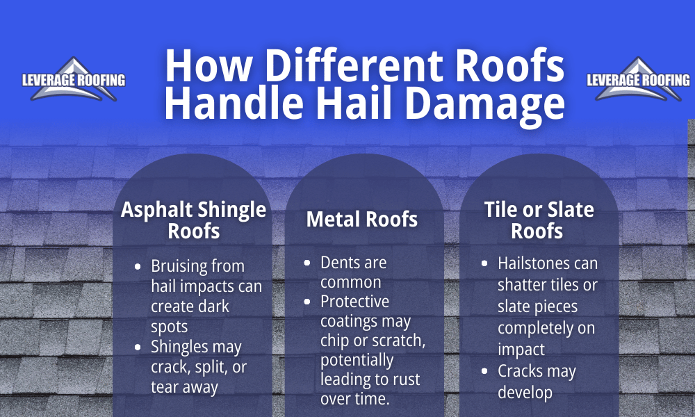 An infographic by Leverage Roofing explaining how different roofs handle hail damage