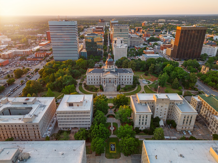 Columbia, South Carolina, USA downtown cityscape at dusk.