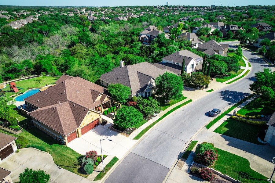 Overhead view of houses in a neighborhood