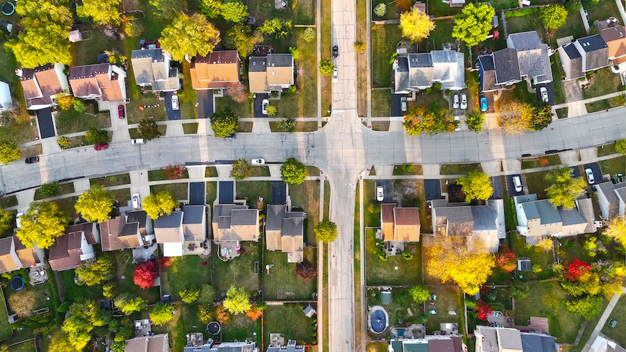 Aerial View of Suburban Neighborhood in Autumn